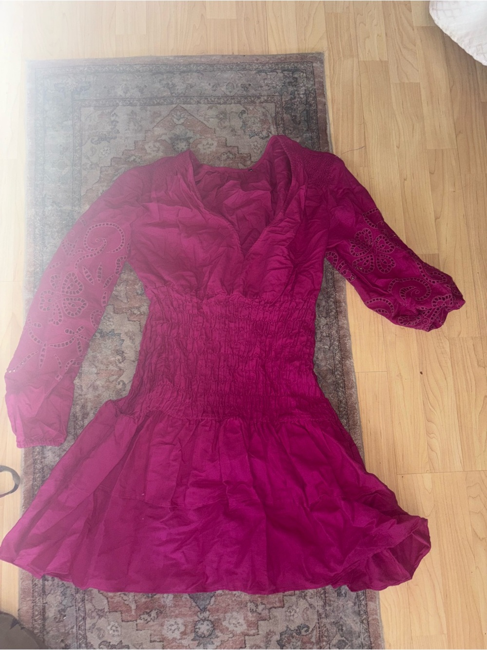 INC womans boho eyelet sleeve linen shirred mini tiered dress size Medium
